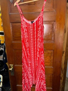 DKNY Red and White Printed Spaghetti-Strap Maxi Dress